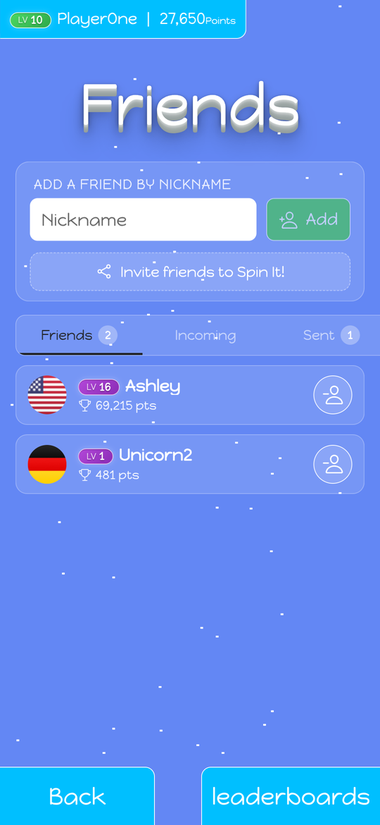 Friends list in Spin It! — add a friend by nickname, view incoming and sent friend requests