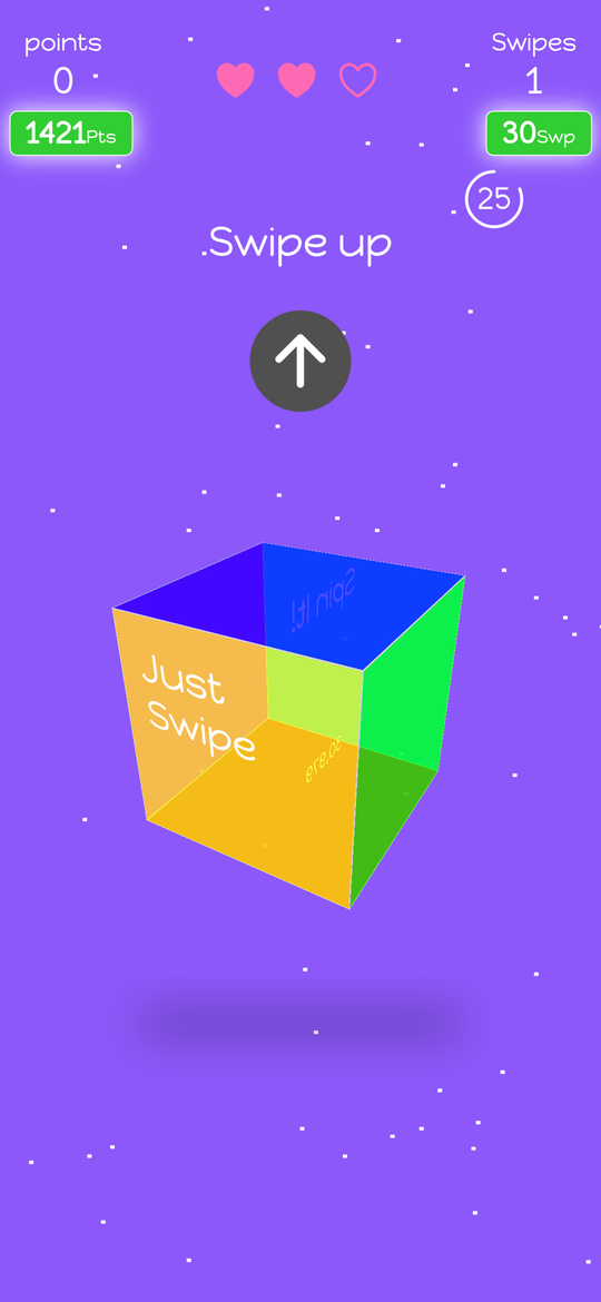 Spin It! gameplay — swipe up prompt with score, lives, swipe counter and the 3D cube