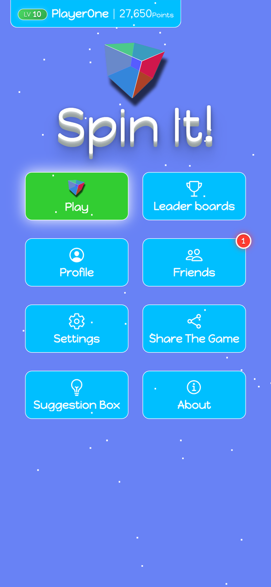 Spin It! main menu with Play, Leaderboards, Profile, Friends, Settings, Share, Suggestion Box and About buttons