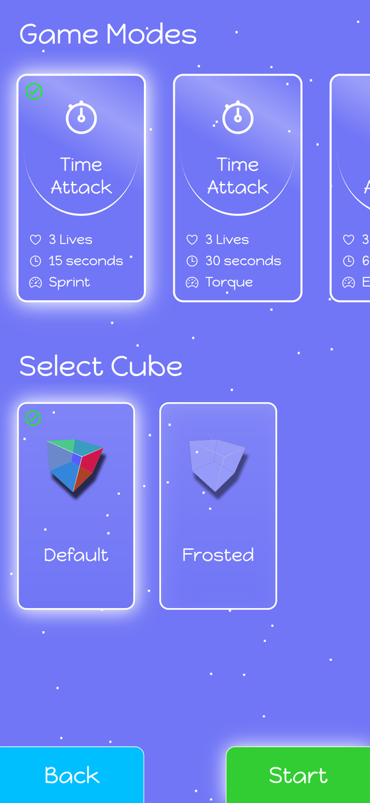 Game-mode and cube-skin selection — 15s Sprint, 30s Torque, 60s Endurance, with Default and Frosted cube skins